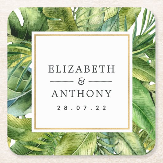 水彩熱帯夏ビーチ結婚式 スクエアペーパーコースター (正面)