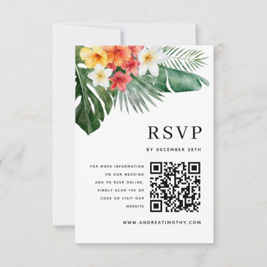 水彩熱帯夏フローラ緑結婚色 出欠カード (正面)