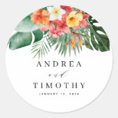 水彩熱帯夏結婚のフローラ緑 ラウンドシール (正面)