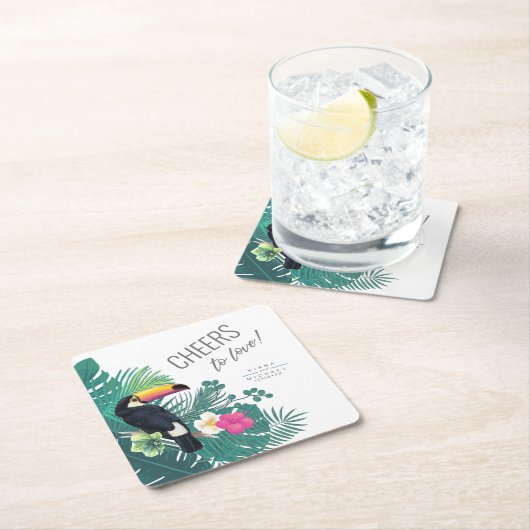 水彩熱帯応援を愛するティール(緑がかった色)ID577 スクエアペーパーコースター (インサイチュ)