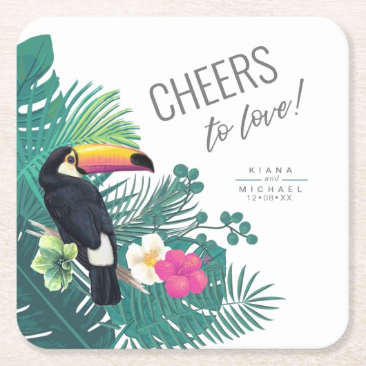 水彩熱帯応援を愛するティール(緑がかった色)ID577 スクエアペーパーコースター (正面)