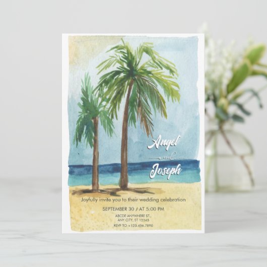 水彩熱帯性ココナッツ結婚の木 招待状 (スタンド正面)