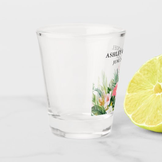 水彩熱帯性フローラフラミンゴ結婚の ショットグラス (左)