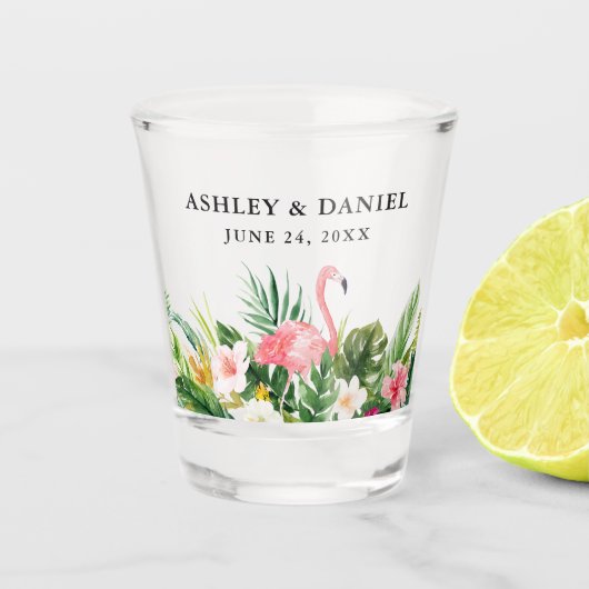 水彩熱帯性フローラフラミンゴ結婚の ショットグラス (正面)