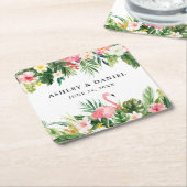 水彩熱帯性フローラフラミンゴ結婚の スクエアペーパーコースター (アングル)