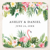 水彩熱帯性フローラフラミンゴ結婚の スクエアペーパーコースター (正面)