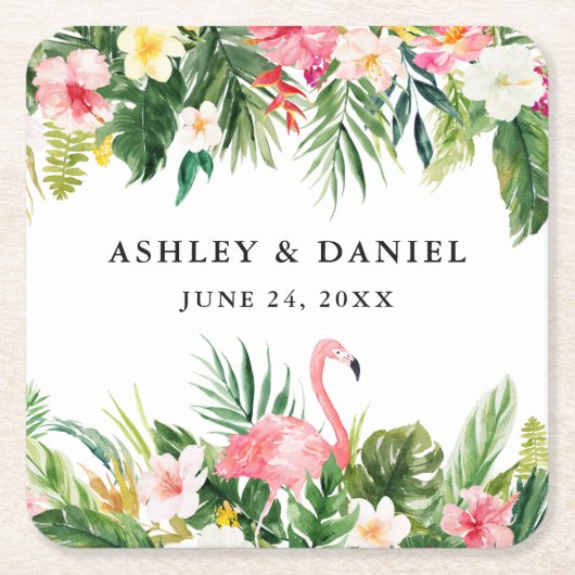 水彩熱帯性フローラフラミンゴ結婚の スクエアペーパーコースター (正面)