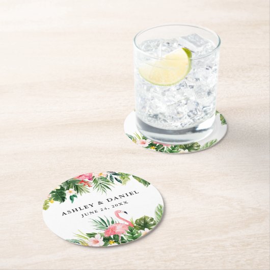 水彩熱帯性フローラフラミンゴ結婚の ラウンドペーパーコースター (インサイチュ)