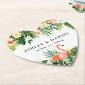 水彩熱帯性フローラ結婚フラミンゴハート ペーパーコースター (アングル)