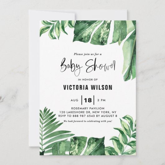 水彩熱帯性変化した葉ベビーシャワー 招待状 (正面)