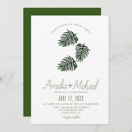 水彩熱帯植物性グリーンパーム結婚ズ 招待状 (正面/裏面)