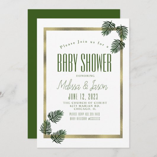 水彩熱帯植物箔パームベビーシャワー 招待状 (正面/裏面)
