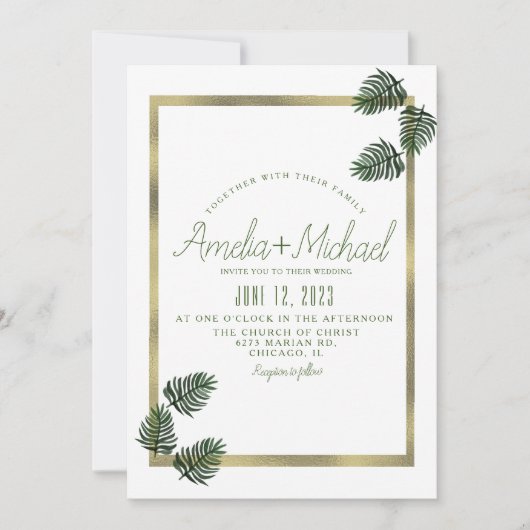 水彩熱帯植物箔パーム結婚ズ 招待状 (正面)