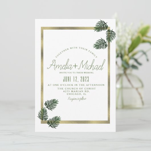 水彩熱帯植物箔パーム結婚ズ 招待状 (スタンド正面)
