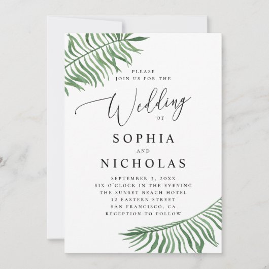 水彩熱帯植物結婚の植物。パーム葉 招待状 (正面)