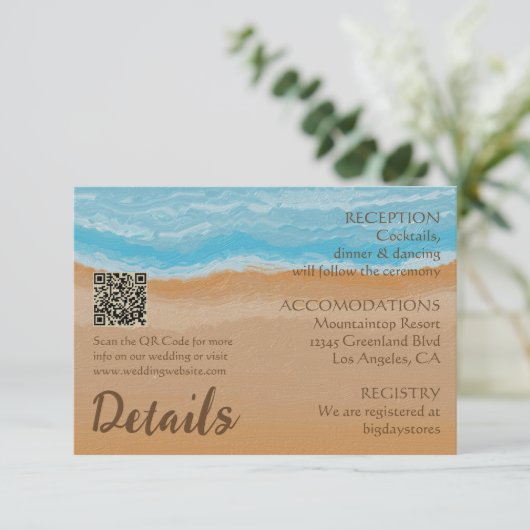 水彩熱帯海ビーチQRコード結婚ズ エンクロージャーカード (スタンド正面)