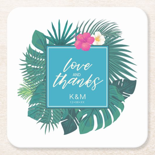 水彩熱帯結婚の感謝していティール(緑がかった色)ID577 スクエアペーパーコースター (正面)