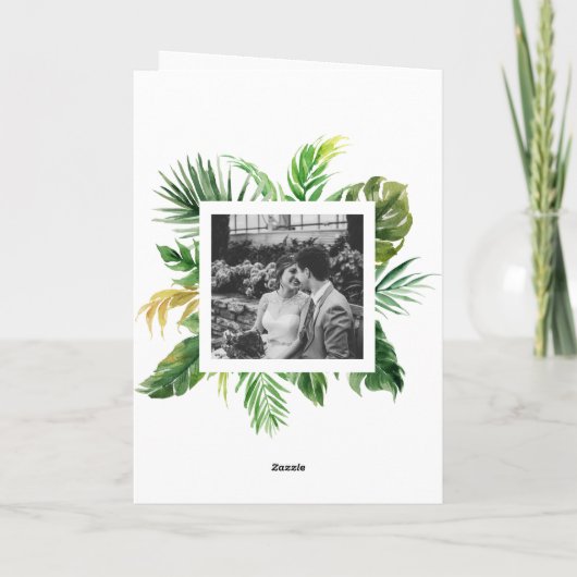 水彩熱帯緑のフレームの写真結婚の色 サンキューカード (裏面)