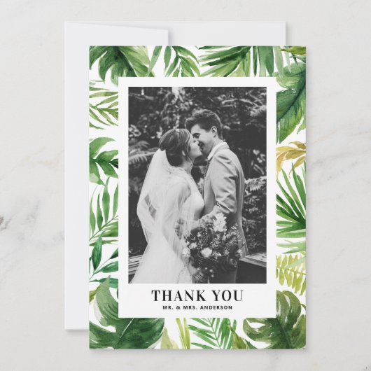 水彩熱帯緑のフレームの写真結婚の色 サンキューカード (正面)