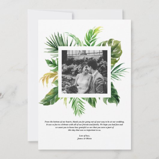 水彩熱帯緑のフレームの写真結婚の色 サンキューカード (裏面)
