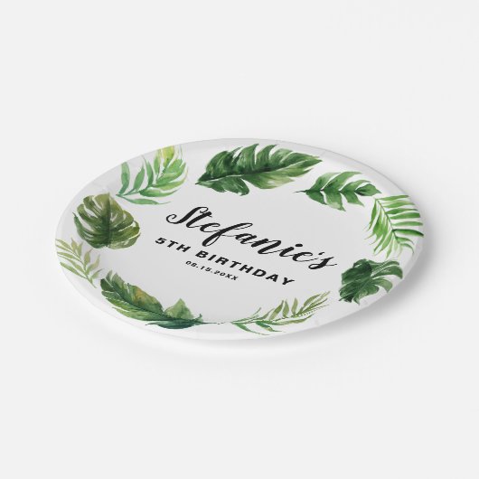 水彩熱帯緑のリース誕生日パーティー ペーパープレート (アングル)