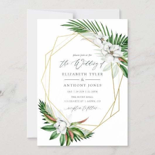 水彩熱帯緑の幾何学模様結婚の マグネット招待状 (正面)