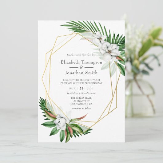 水彩熱帯緑の幾何学模様結婚の 招待状 (スタンド正面)