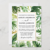 水彩熱帯緑の金ゴールドフレーム結婚ズ 招待状 (正面)