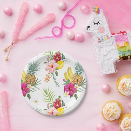 水彩熱帯花と果実の模様 ペーパープレート (パーティー)
