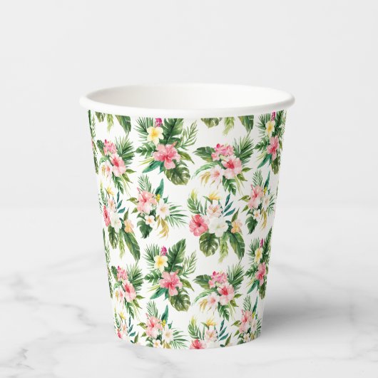 水彩熱帯花と緑のパターン 紙コップ (正面)