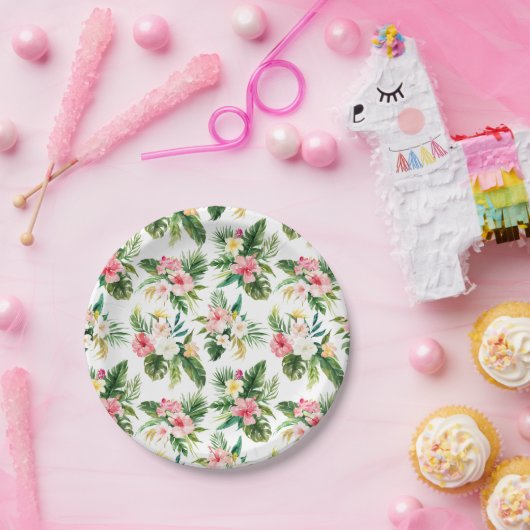 水彩熱帯花と緑の夏 ペーパープレート (パーティー)