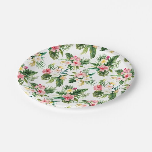 水彩熱帯花と緑の夏 ペーパープレート (アングル)
