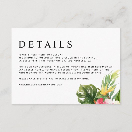 水彩熱帯花と緑の詳細 エンクロージャーカード (正面)
