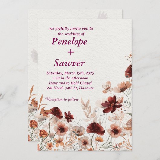 水彩熱帯花と緑結婚のI 招待状 (正面/裏面)