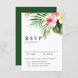 水彩熱帯花と緑結婚色 出欠カード