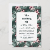 水彩熱帯花と緑結婚色 招待状 (正面)