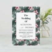 水彩熱帯花と緑結婚色 招待状 (スタンド正面)