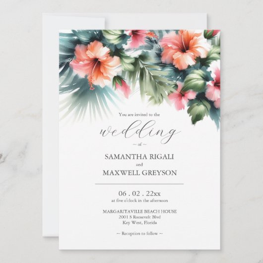水彩熱帯花と緑結婚色 招待状 (正面)