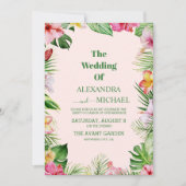 水彩熱帯花と緑結婚色 招待状 (正面)