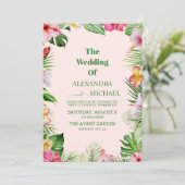 水彩熱帯花と緑結婚色 招待状 (スタンド正面)