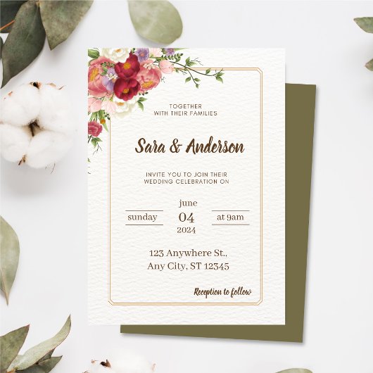水彩熱帯花と緑結婚色 招待状