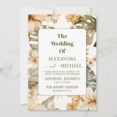 水彩熱帯花と緑結婚色 招待状 (正面)