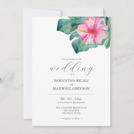 水彩熱帯花の緑結婚色 招待状 (正面)
