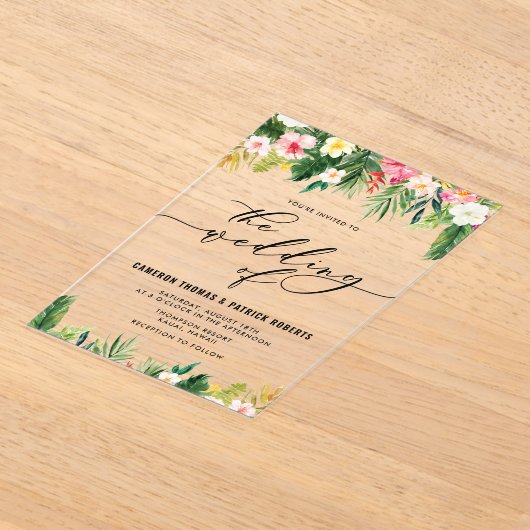 水彩熱帯花サマー結婚ズ アクリル招待状 (レイダウン)