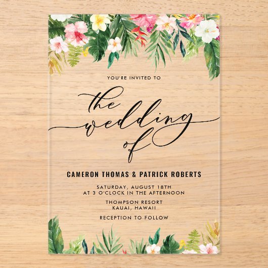 水彩熱帯花サマー結婚ズ アクリル招待状 (正面)
