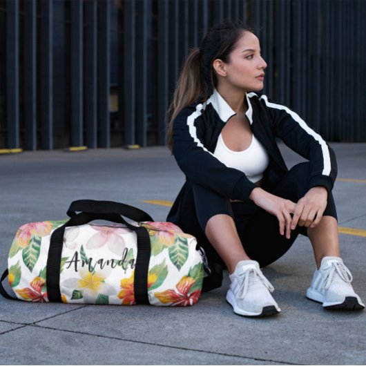 水彩熱帯花パターパーソナライズされたン ダッフルバッグ
