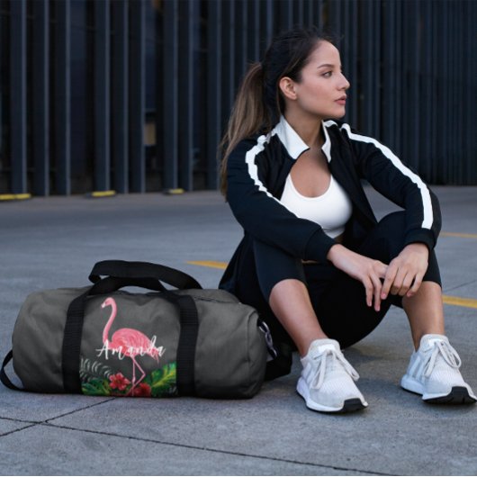 水彩熱帯花フラミンゴパーソナライズされた ダッフルバッグ