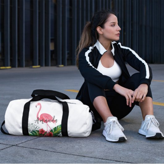 水彩熱帯花フラミンゴパーソナライズされた ダッフルバッグ