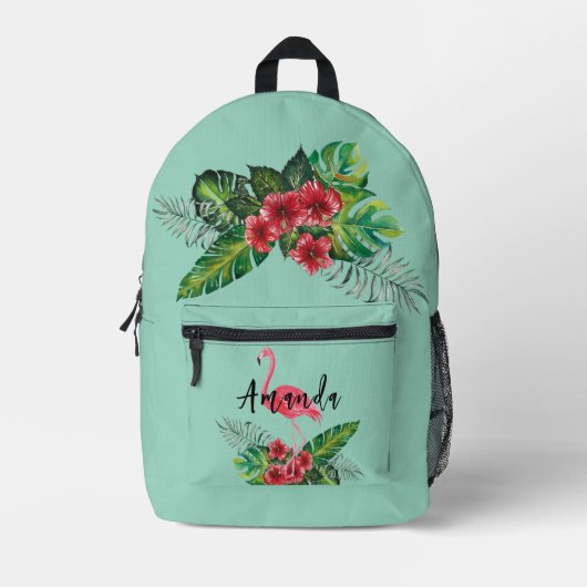 水彩熱帯花フラミンゴパーソナライズされた プリントバックパック (正面)