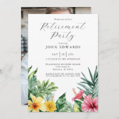 水彩熱帯花リタイアパーティー写真 招待状 (正面/裏面)